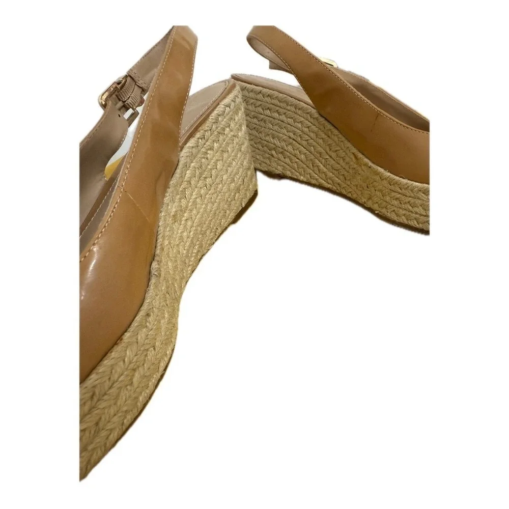 Arturo Chiang Wedge Straw Heels Tan Patent Leather Open Toe Sling Back 9.5 Women